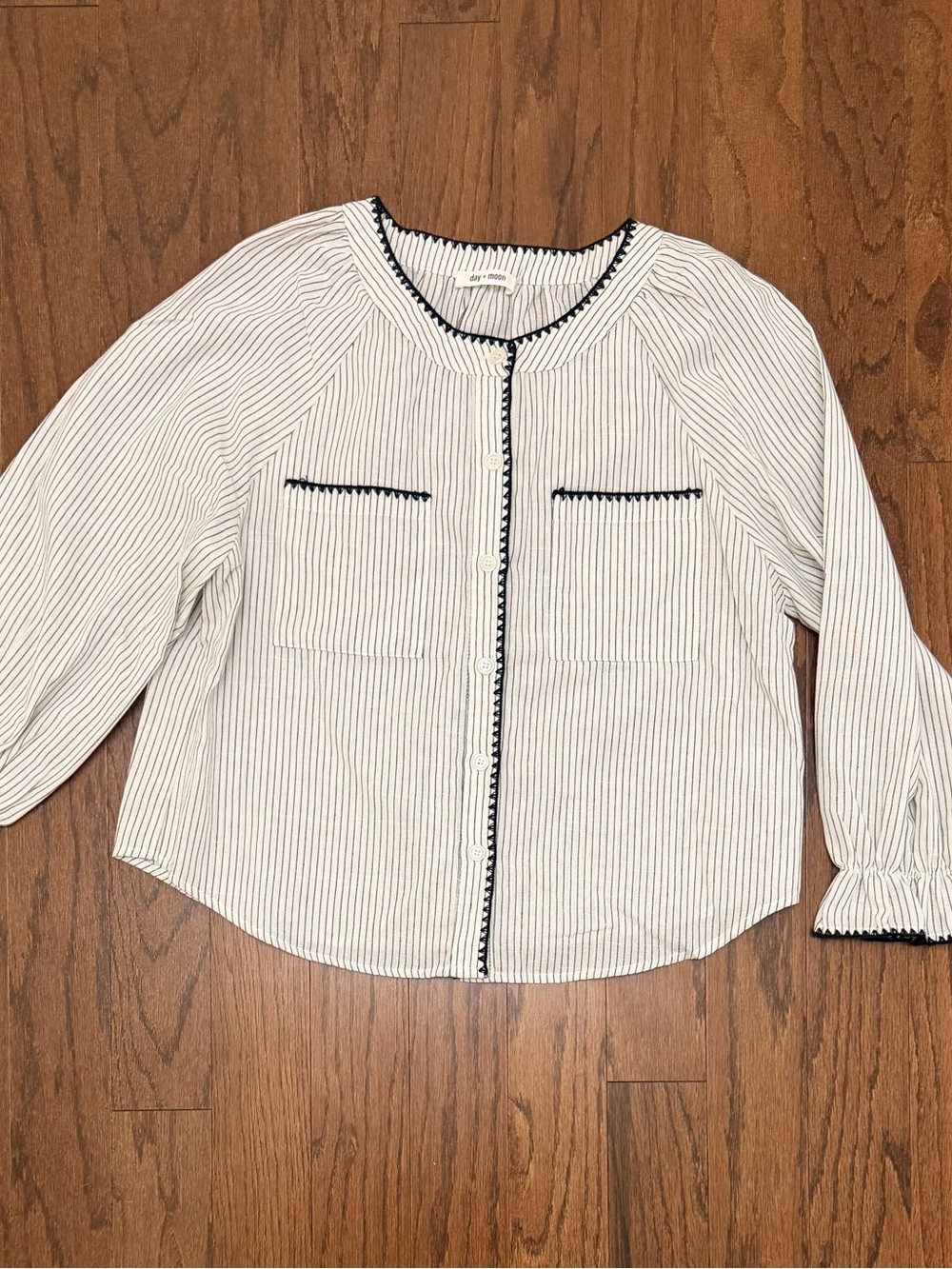 Day + Moon White Striped Button-Front Blouse with Black Trim